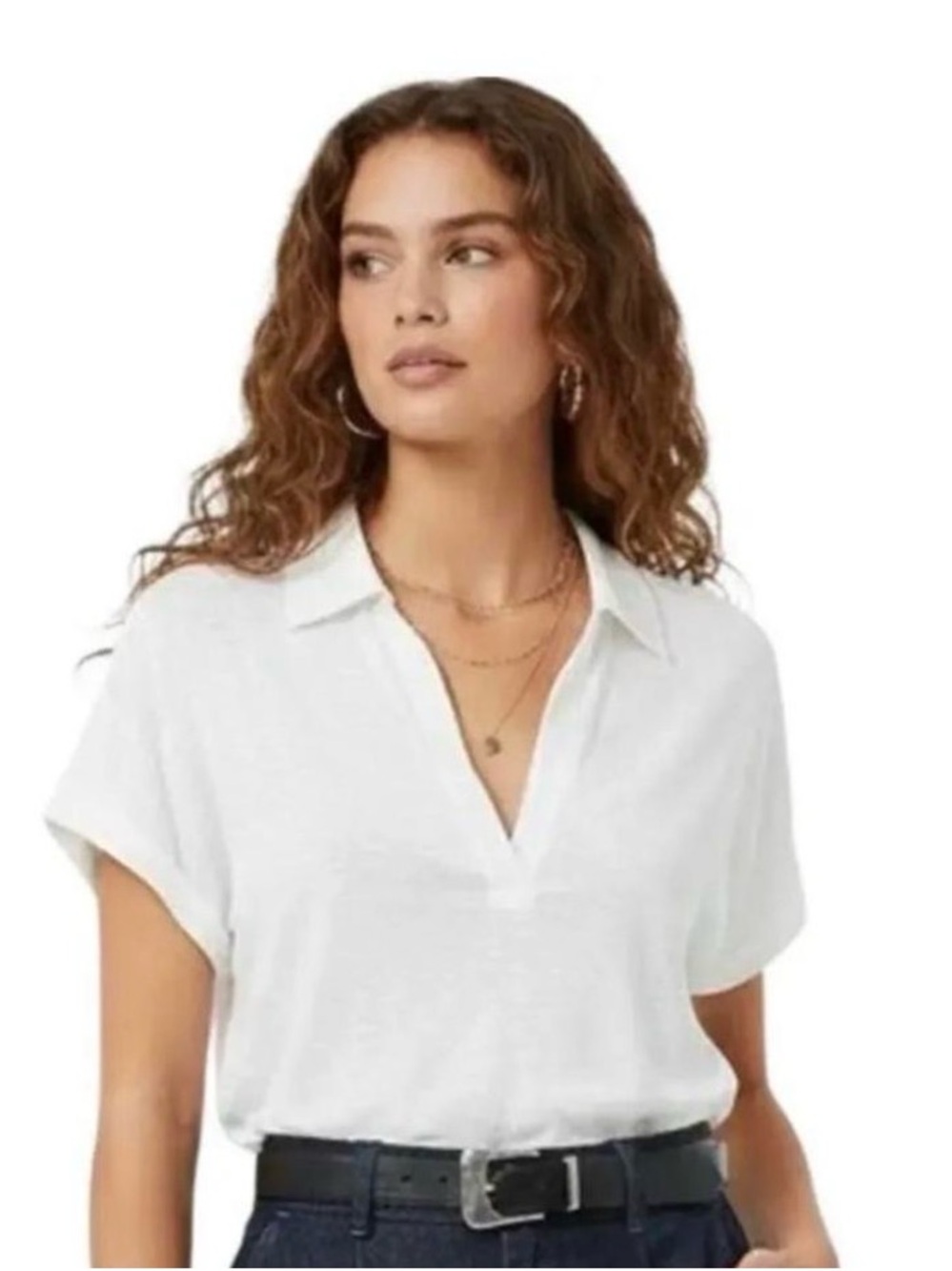 Banana Republic Womens Linen Blend V-Neck Polo Shirt Short Rolled Sleeve NWT
